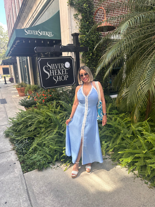Baby Blue Embroidered Trim Halter Midi Dress