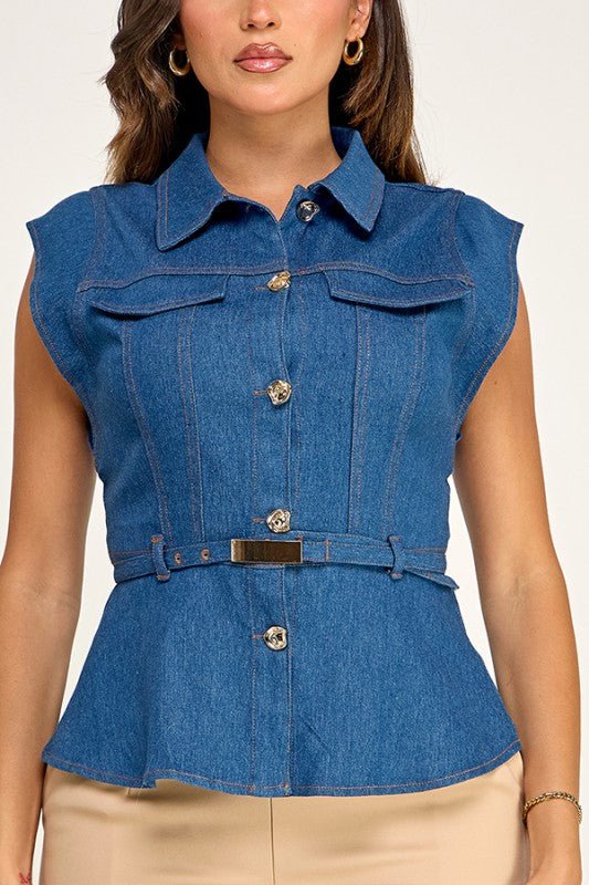 Denim Darling Textured Short Sleeve Peplum Top