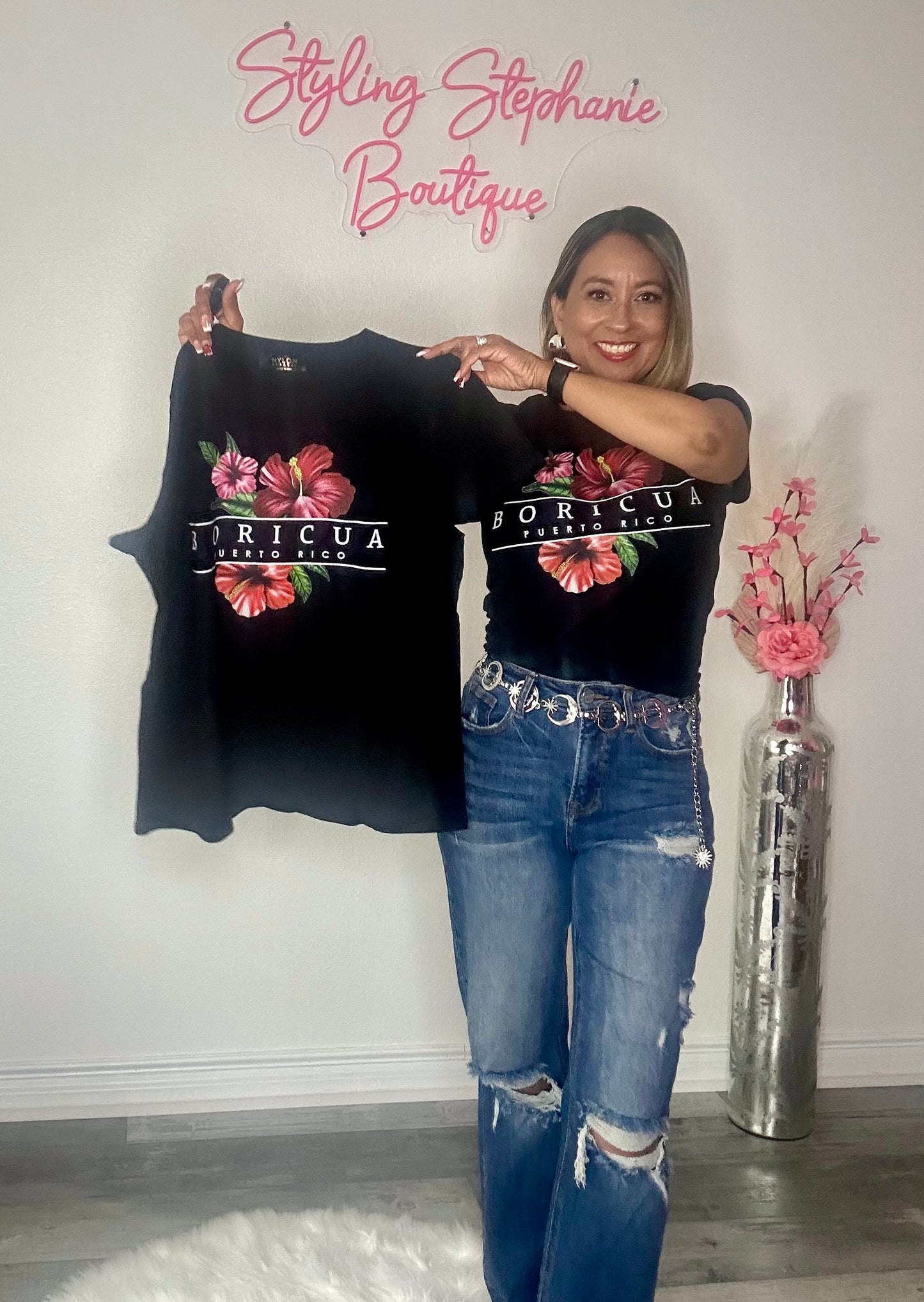 Flora Boricua Puerto Rico Black T-Shirt