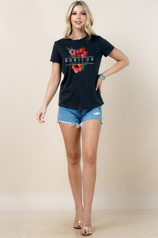 Flora Boricua Puerto Rico Black T-Shirt