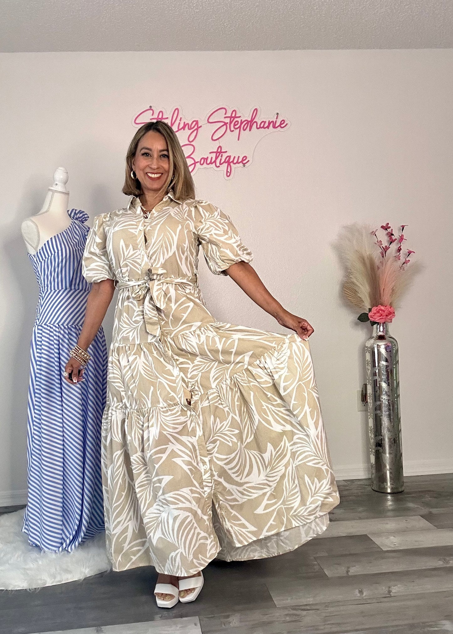 Taupe Woven Palm Print Bubble Sleeve Button-Down Maxi Dress
