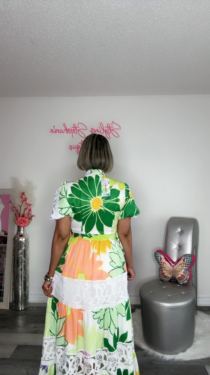 Green Multi Short Sleeve Maxi Dress