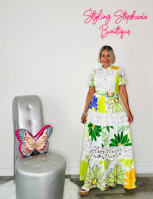 Green Multi Short Sleeve Maxi Dress