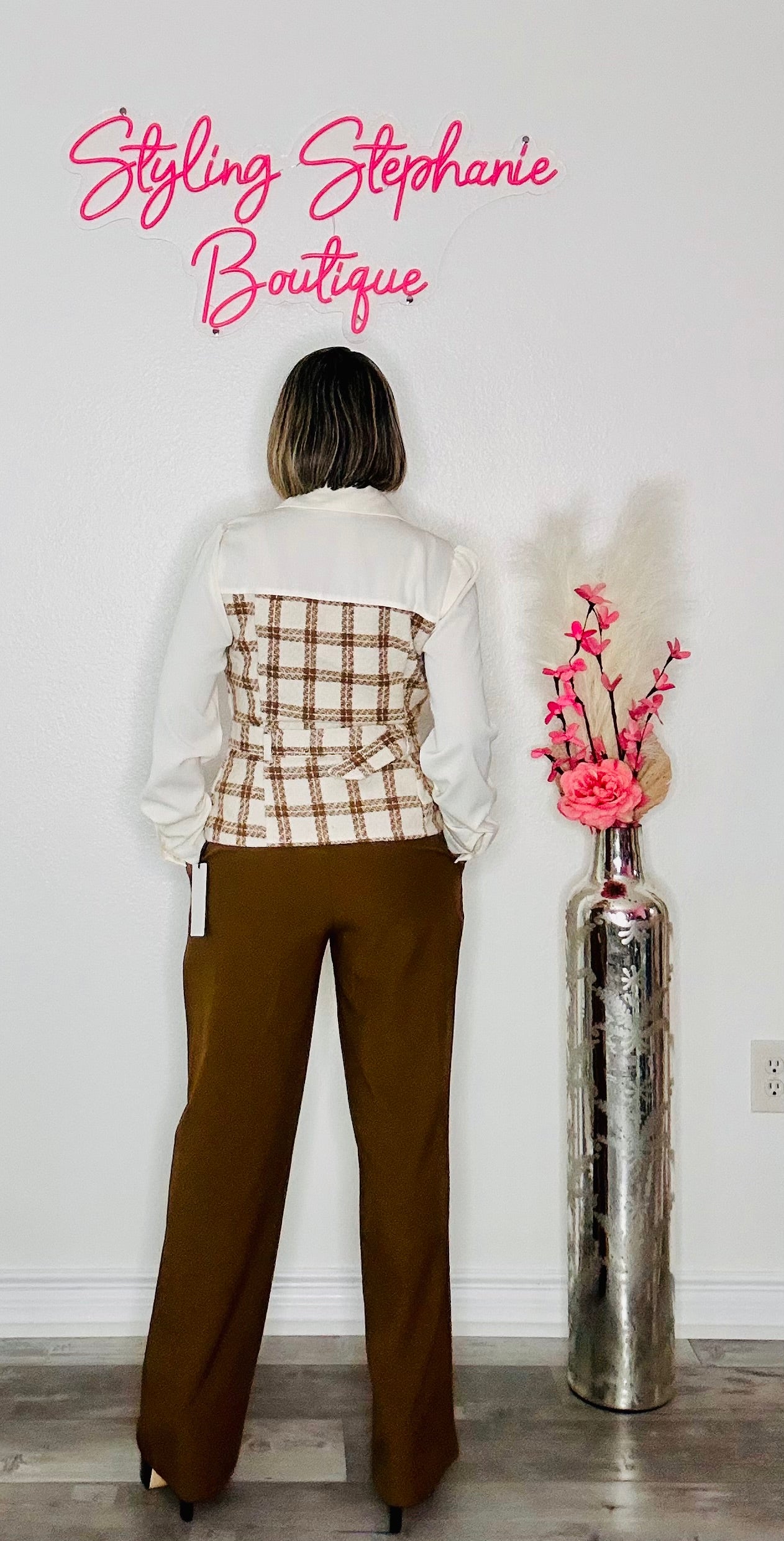 Latte Darling Tweed Belted Long Sleeve Top