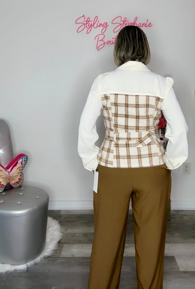 Latte Darling Tweed Belted Long Sleeve Top