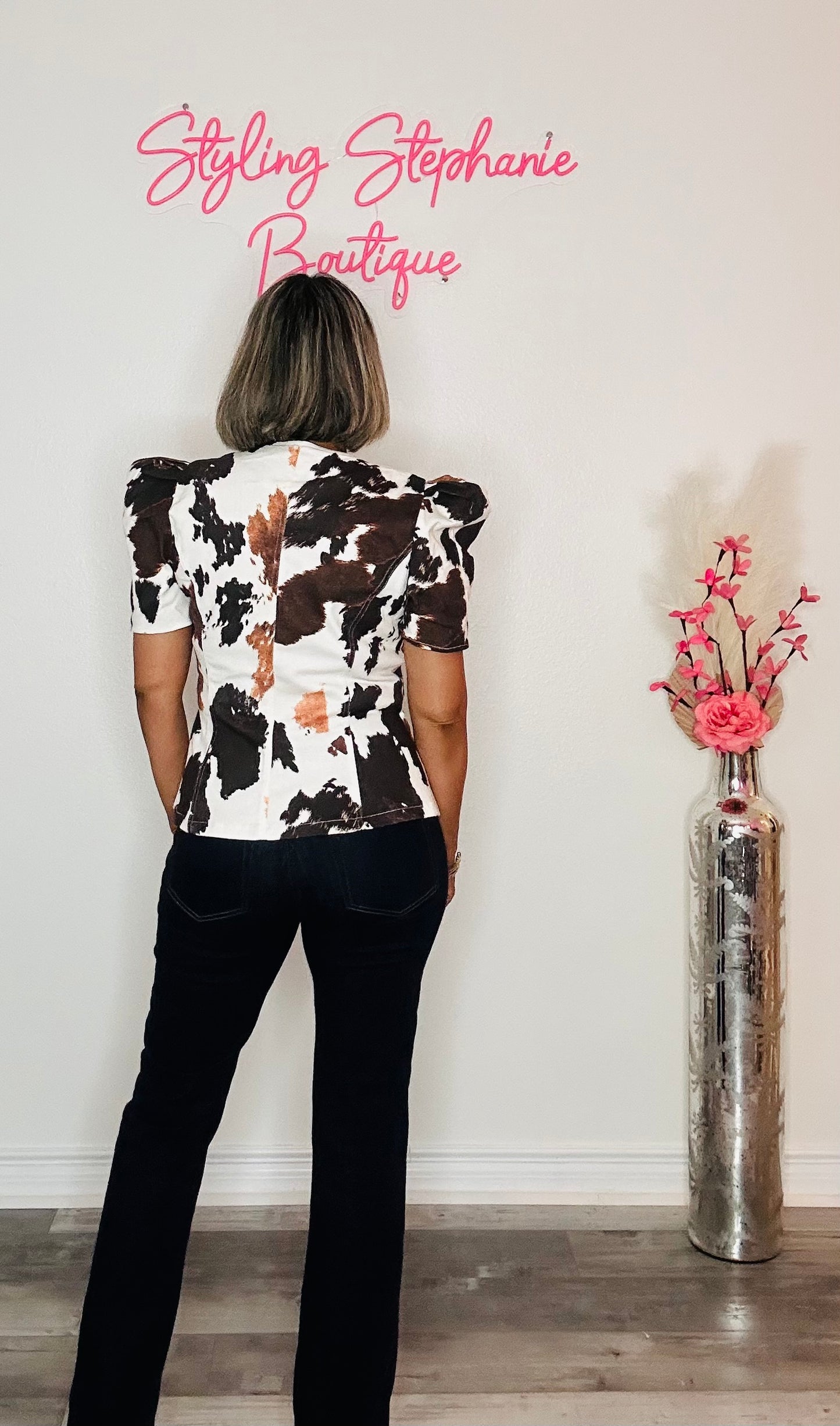 Puffed Sleeve Cow Print Button Down Shirt