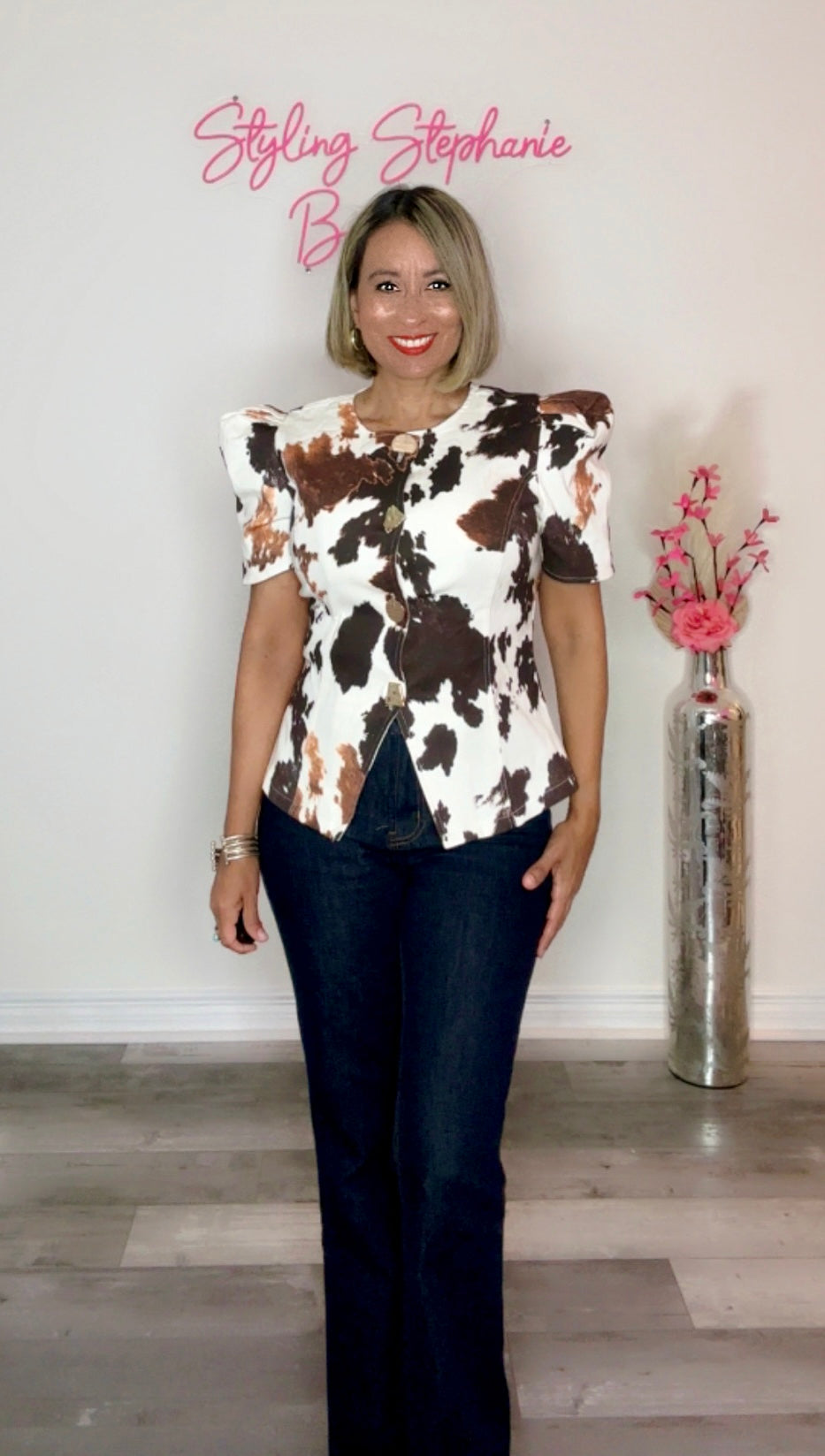 Puffed Sleeve Cow Print Button Down Shirt