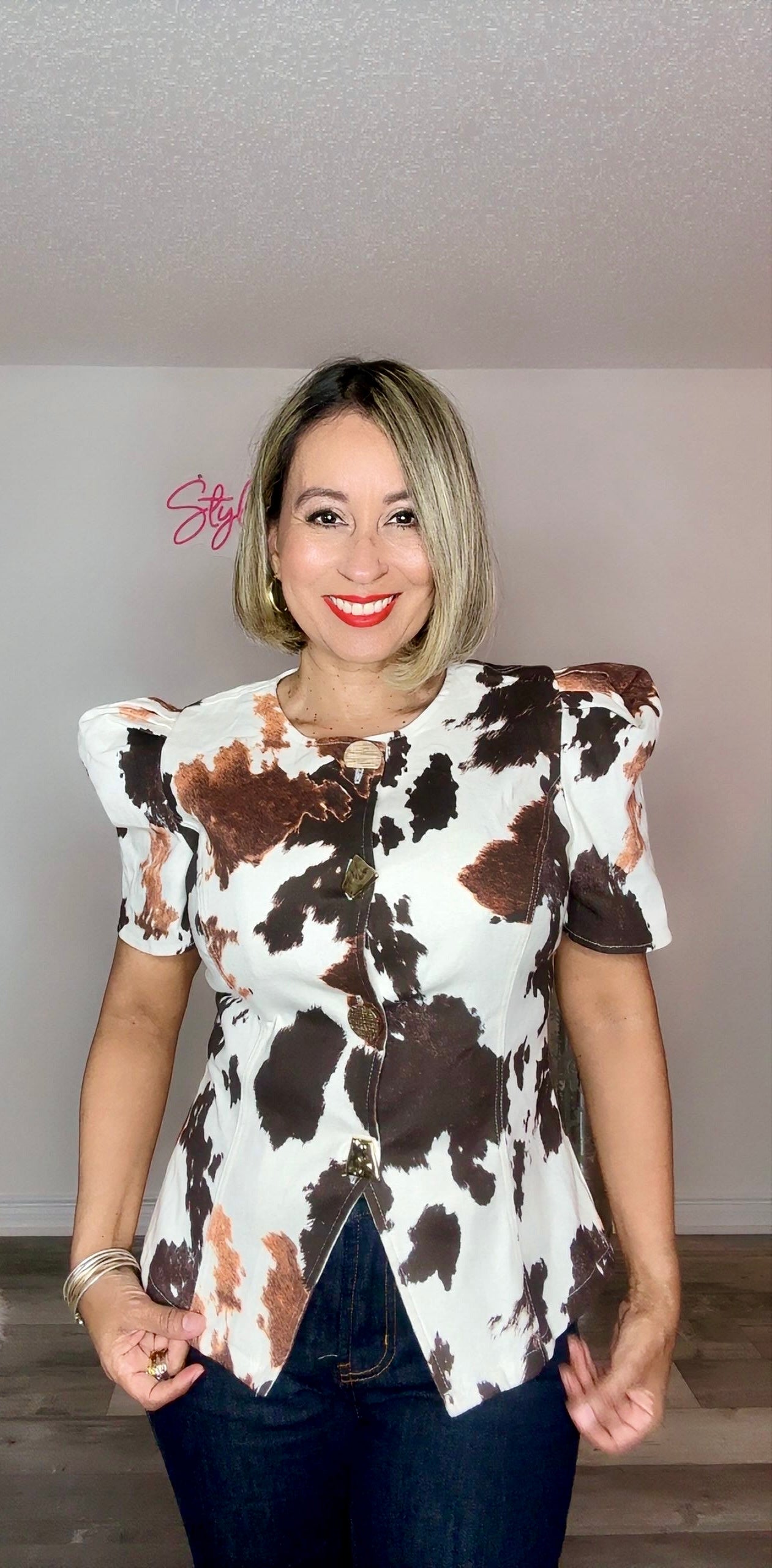 Puffed Sleeve Cow Print Button Down Shirt