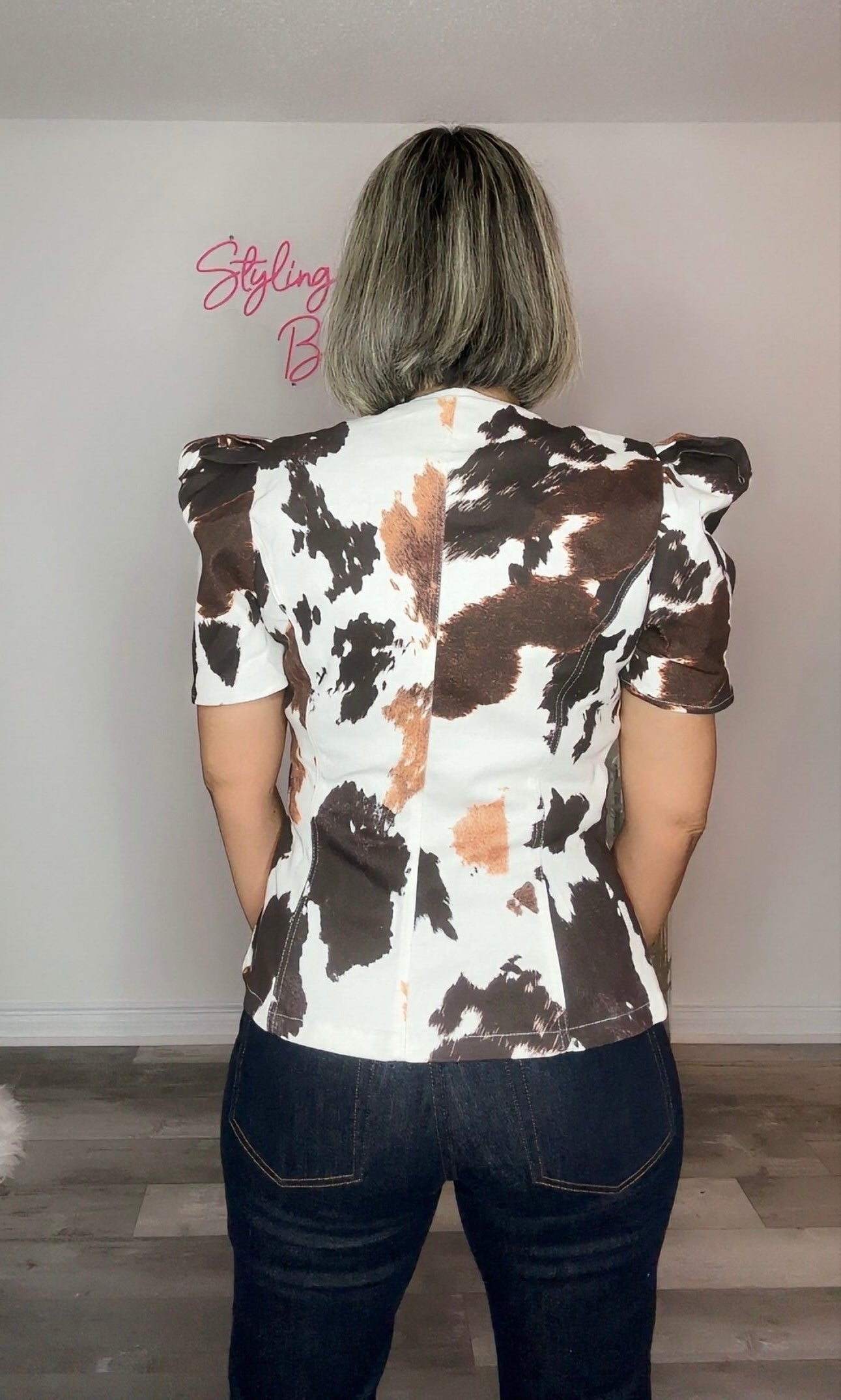 Puffed Sleeve Cow Print Button Down Shirt