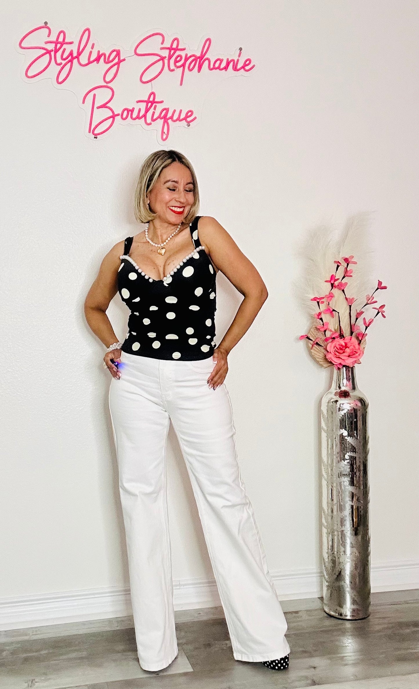 Black Polka Dot Pearl Top
