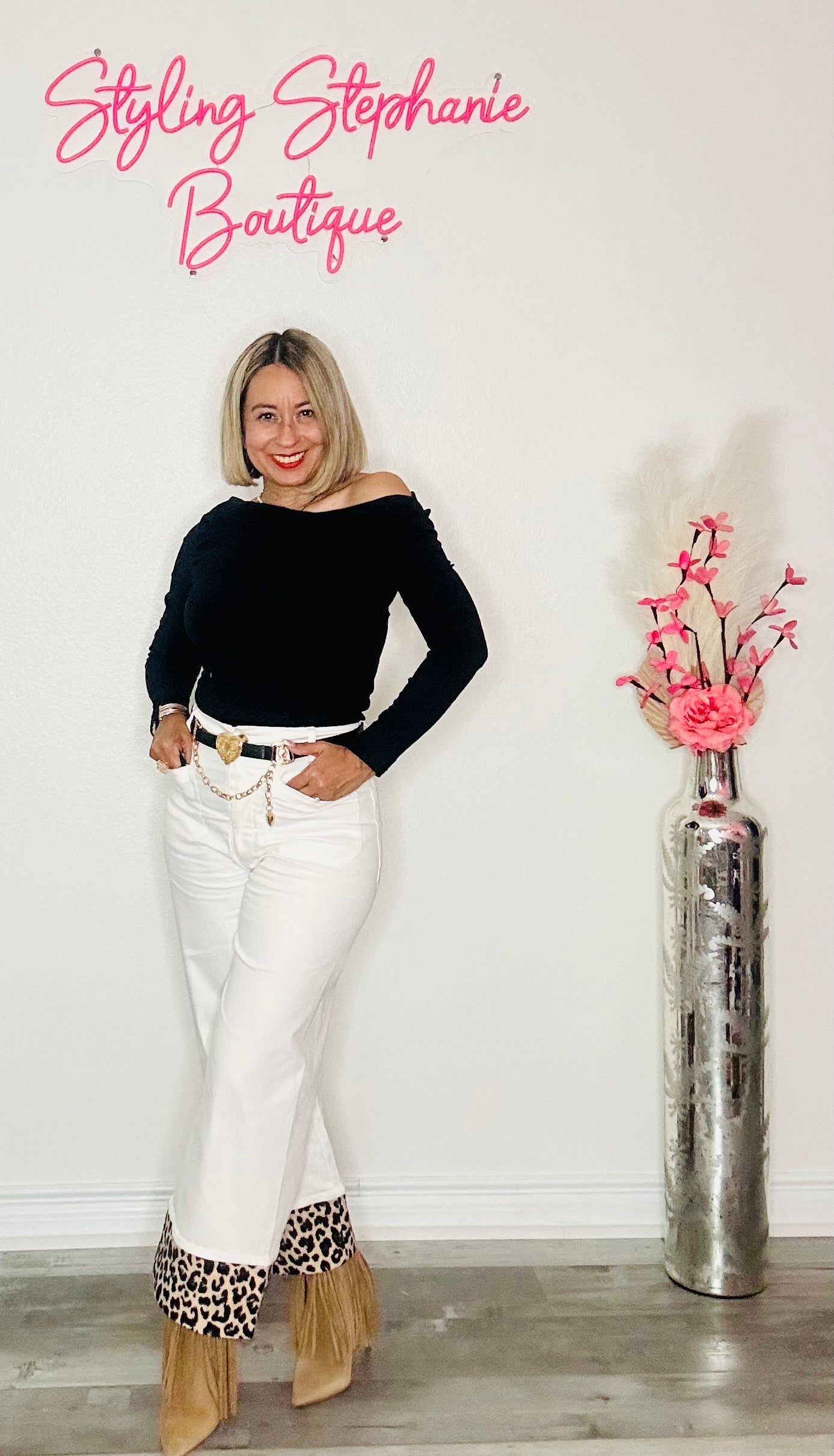 White with Leopard Cuffed Ankle Cropped Pants