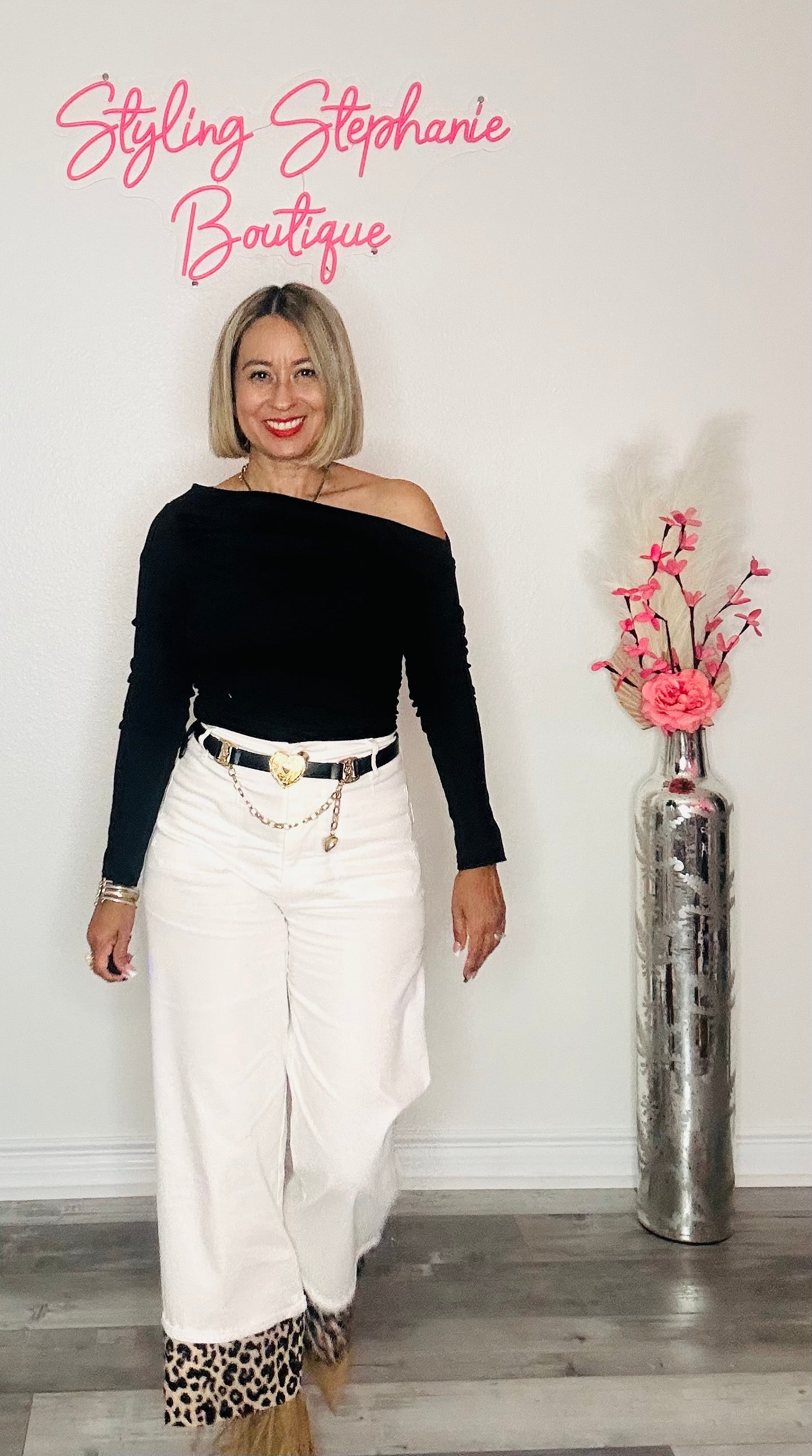 White with Leopard Cuffed Ankle Cropped Pants