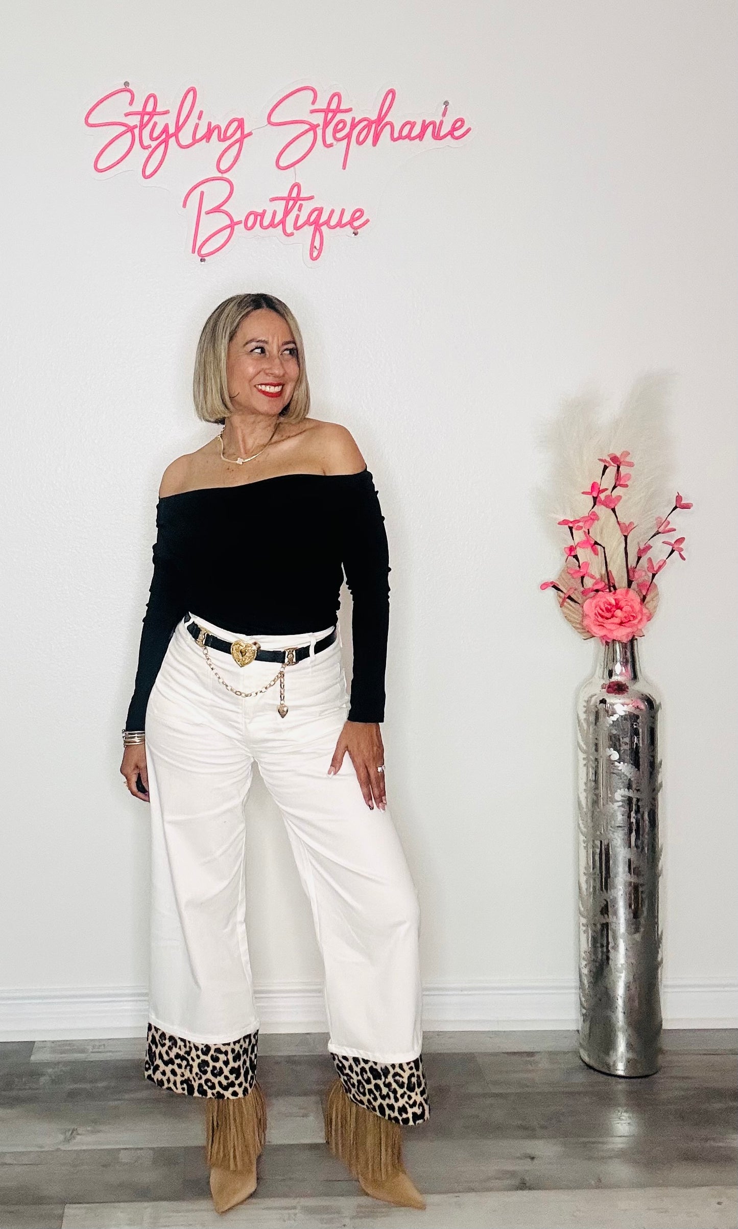 White with Leopard Cuffed Ankle Cropped Pants