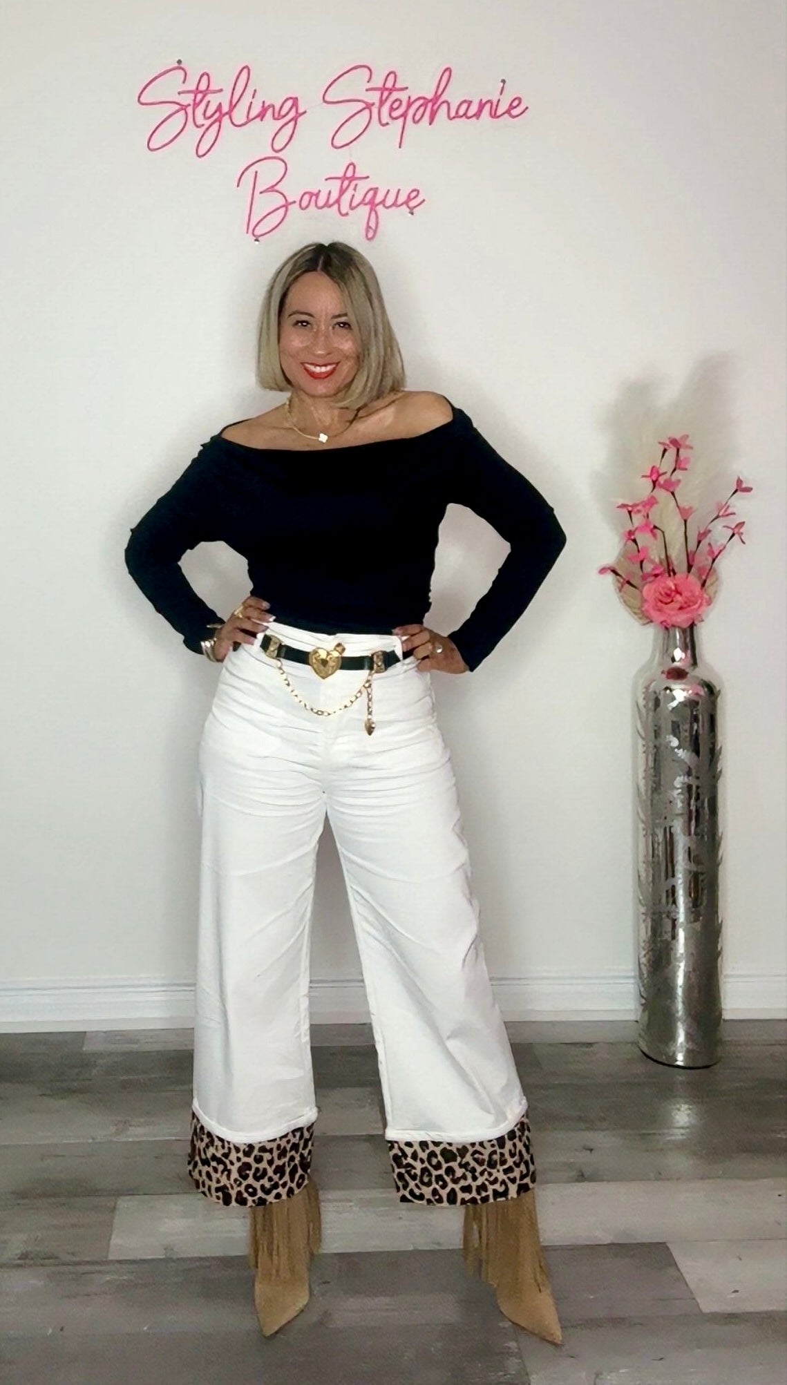 White with Leopard Cuffed Ankle Cropped Pants