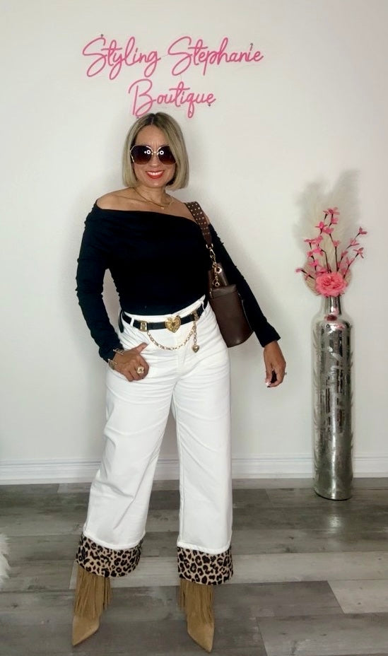 White with Leopard Cuffed Ankle Cropped Pants
