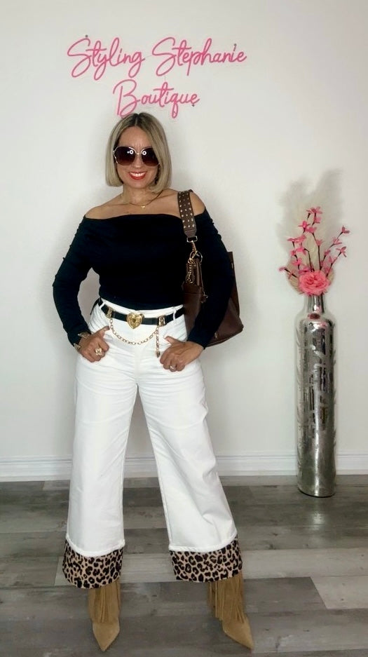 White with Leopard Cuffed Ankle Cropped Pants