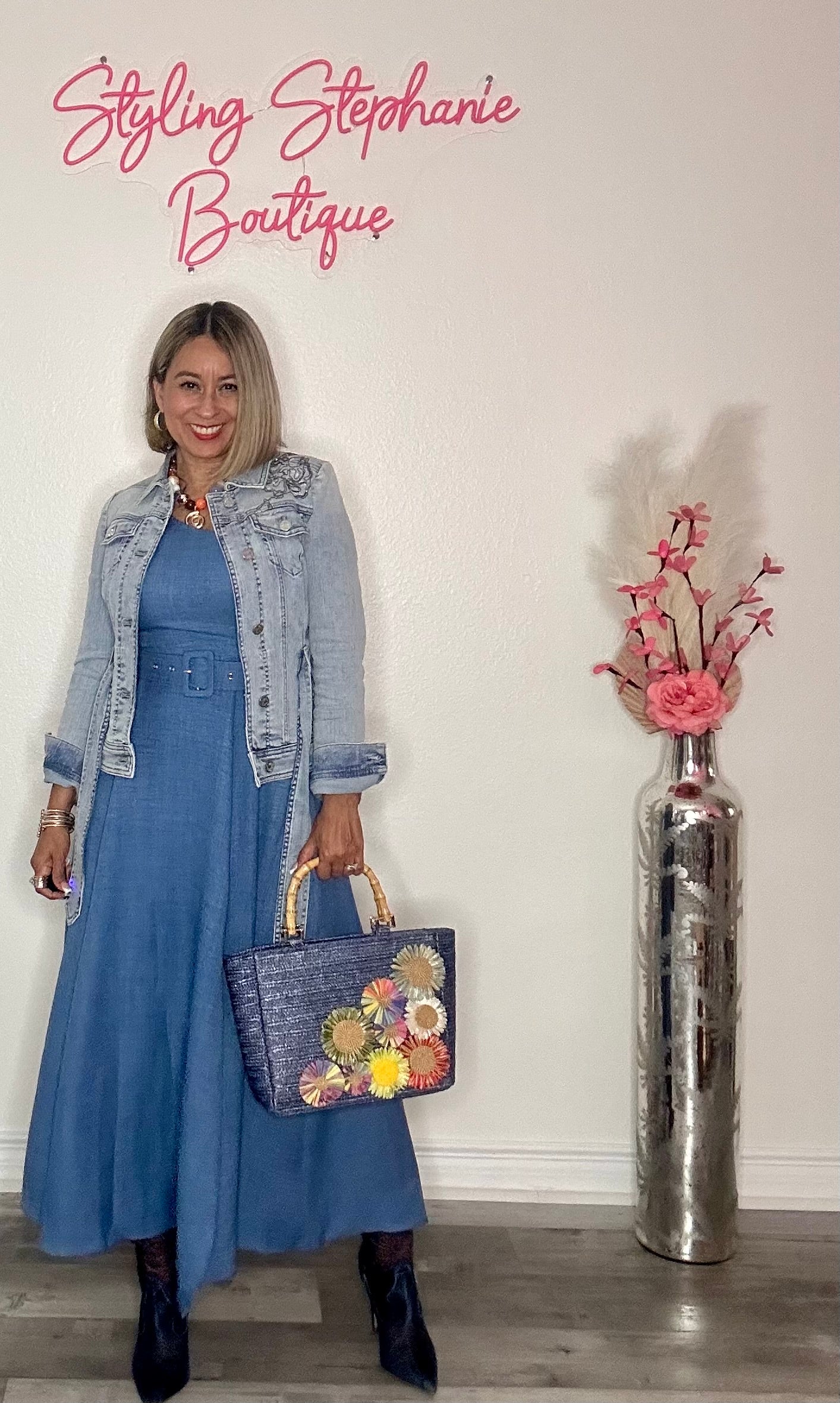 One Shoulder Woven Denim Color Midi Dress