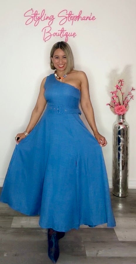 One Shoulder Woven Denim Color Midi Dress