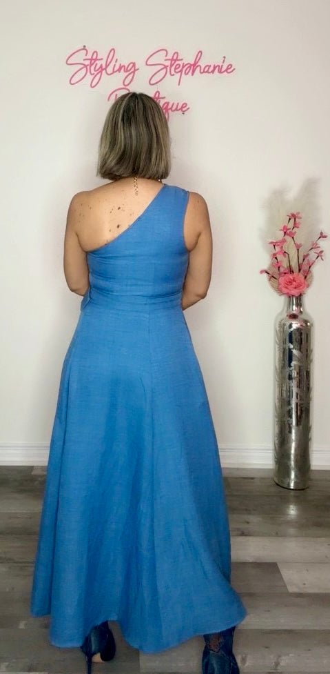 One Shoulder Woven Denim Color Midi Dress