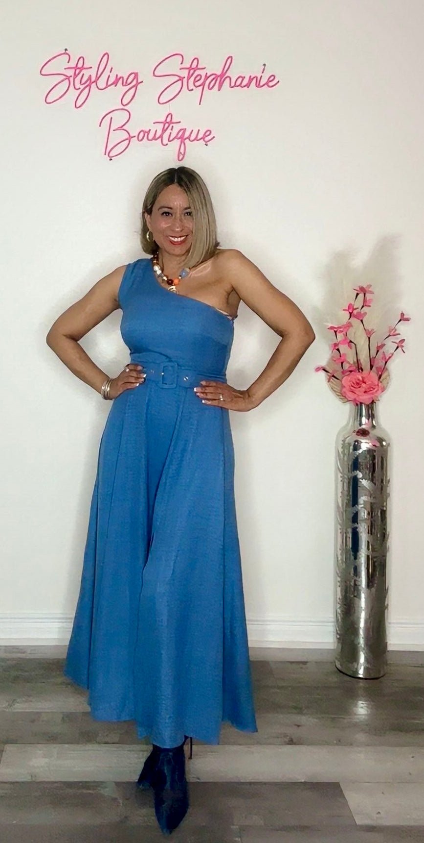 One Shoulder Woven Denim Color Midi Dress