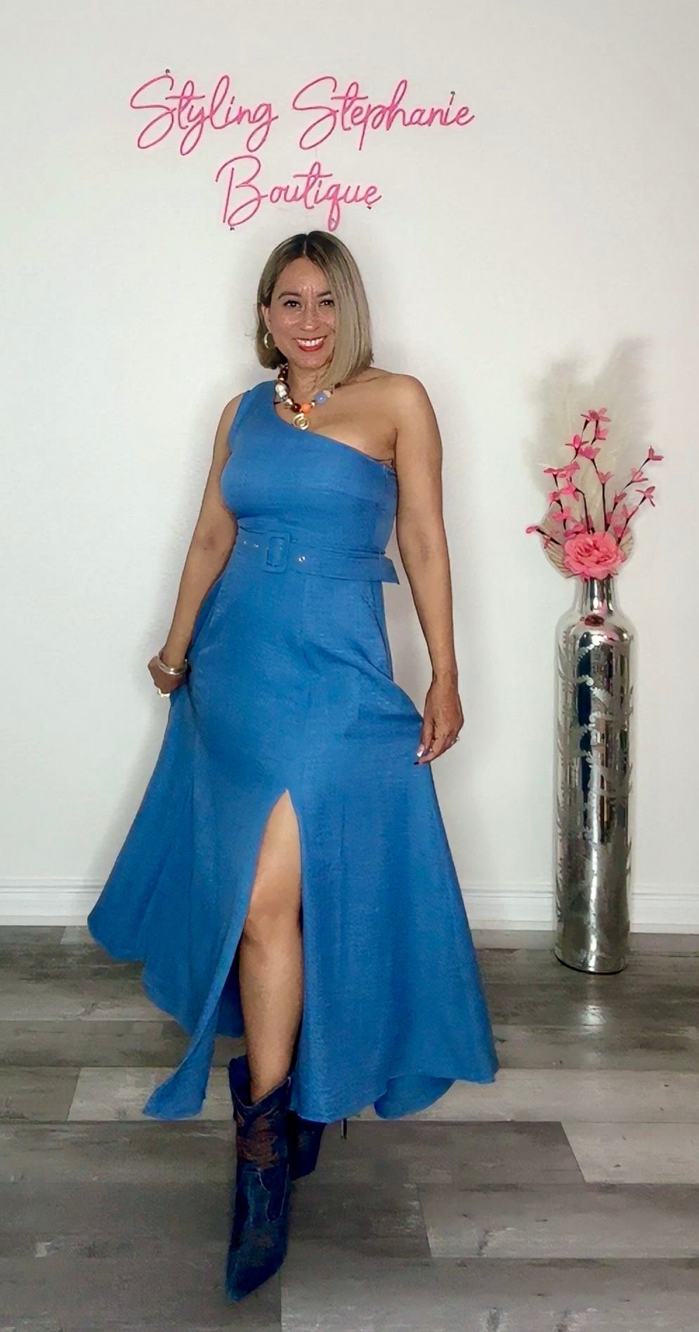One Shoulder Woven Denim Color Midi Dress