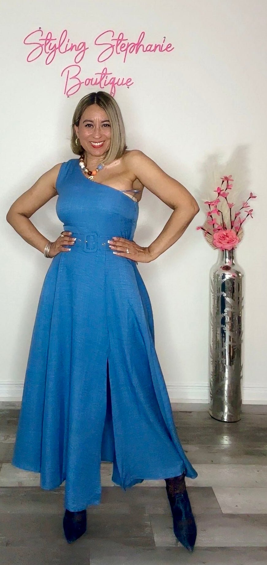 One Shoulder Woven Denim Color Midi Dress