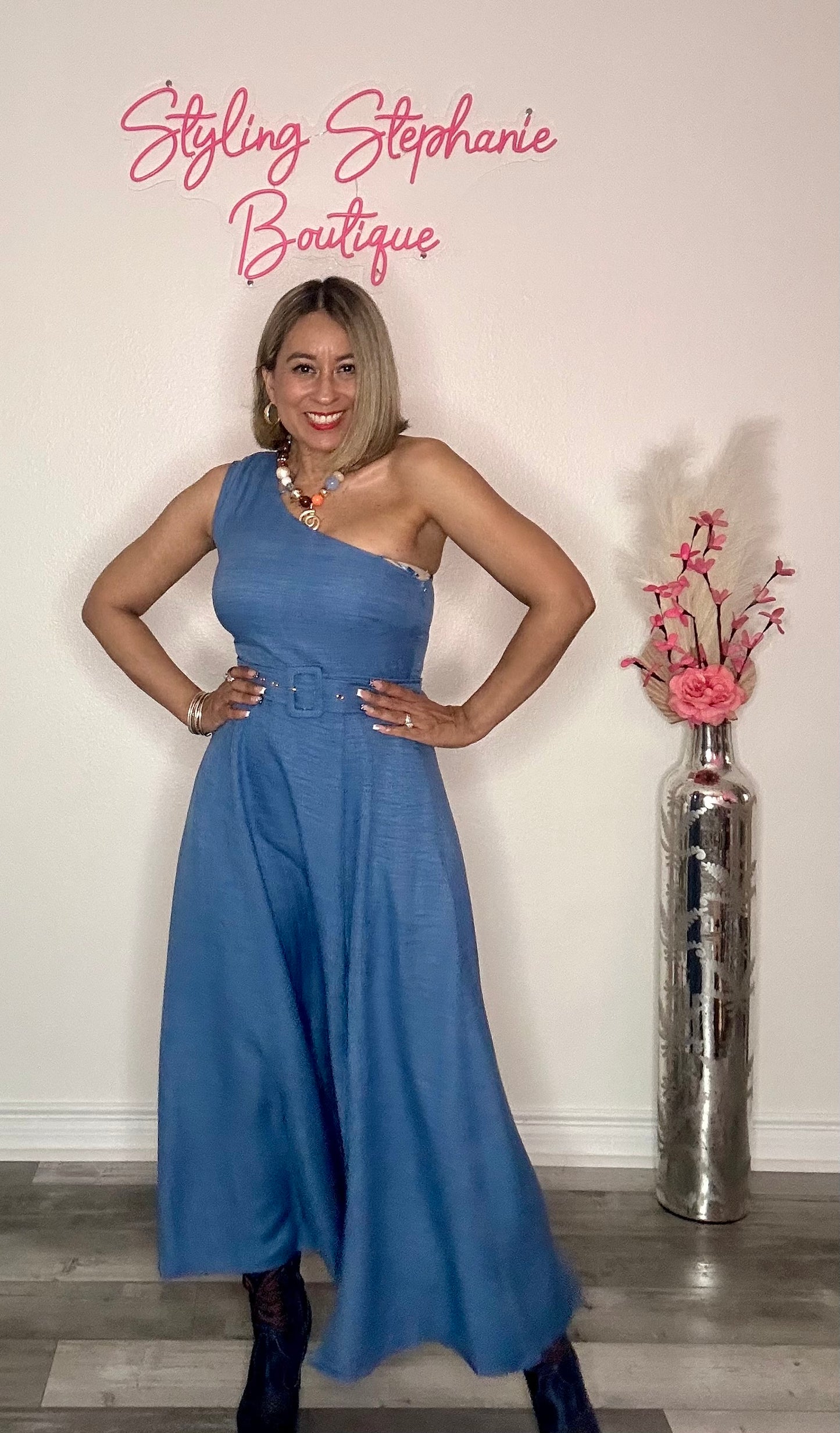 One Shoulder Woven Denim Color Midi Dress
