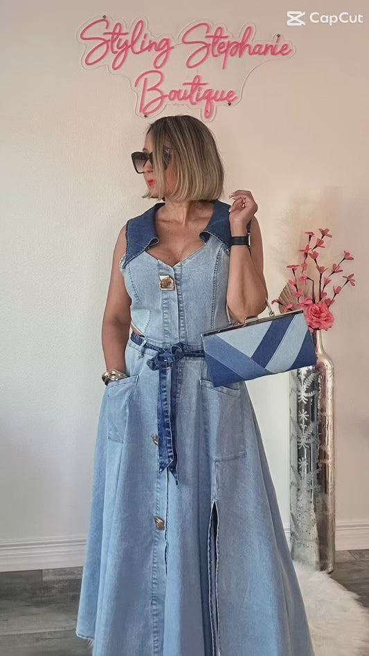 Denim Belted Long Dress